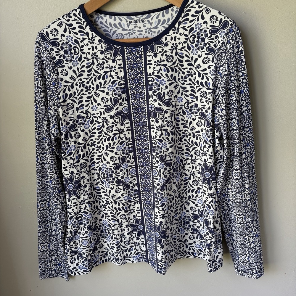 Lands End batik Rash Guard UPF Swim Shirt Long Sleeve Blue Bombay Size M 10-12